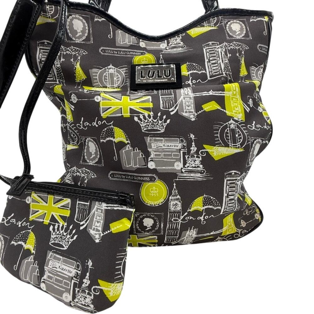Lulu by Lulu Guinness London Print Tote Bag w/ Pouch Matching Black Yellow White - Picture 2 of 16